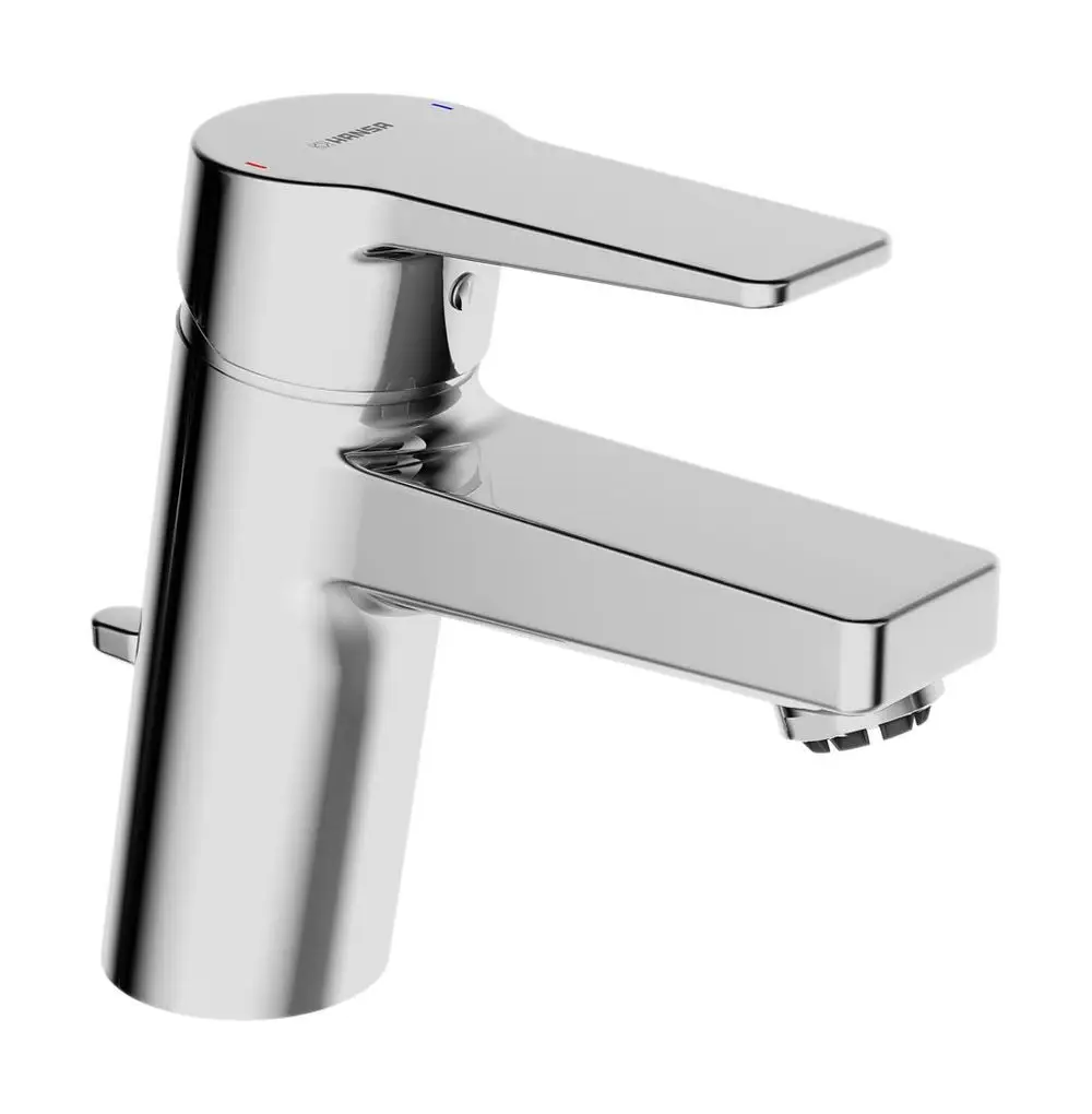 Einhebelmischer in Chrom-Optik von HANSA. Ausladung und Hebel an der Oberseite, mit seitlichem Zugstangenablauf. Klar gestaltetes Design für Waschtischmontage.